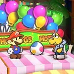 Mario and Koops with Yoshi's egg in Glitzville in the Nintendo Switch version of Paper Mario: The Thousand-Year Door