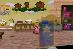 Princess Peach finding Butter in the kitchen of her castle of Paper Mario.