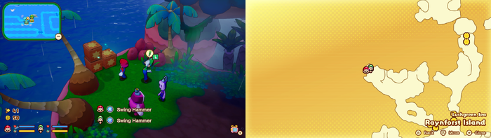 Mario and Luigi near wooden crates containing a Five Coin on Raynforst Island of Mario & Luigi: Brothership.