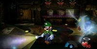 Luigi being attacked by a Blue Blaze in the Safari Room.