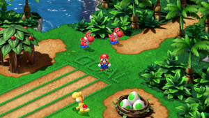 Mario finding Big Boo Flag between O and A of the goal on Yo'ster Isle of Super Mario RPG.