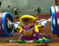Wario grabs his cell phone while weightlifting.