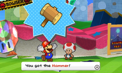 Mario getting a Hammer from a Toad in Decalburg of Paper Mario: Sticker Star.