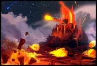 Concept art of Donkey Kong Country Returns where Donkey Kong is in a volcanic area. There is a Banana-shaped villain who is shooting fireballs from his mouth, possibly and earlier Tiki Tong.