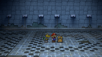 First treasure chest in the Hooktail Castle in the remake of Paper Mario: The Thousand-Year Door for the Nintendo Switch.