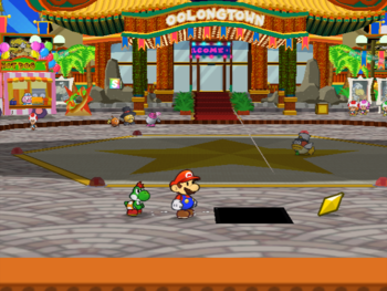 Mario getting the Star Piece under a hidden panel in the south corner of Glitzville in Paper Mario: The Thousand-Year Door.
