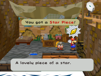 Mario getting the Star Piece at the left island of the Rogueport Harbor scene in Paper Mario: The Thousand-Year Door.