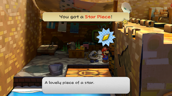 Mario getting the Star Piece at the left island of the Rogueport Harbor scene in the remake of the Paper Mario: The Thousand-Year Door for the Nintendo Switch.