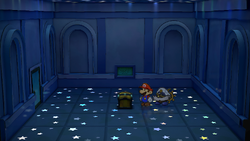 Third treasure chest in the Palace of Shadow in the remake of Paper Mario: The Thousand-Year Door for the Nintendo Switch.