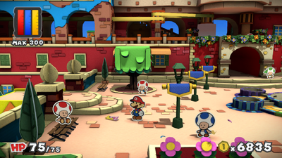 Mario near the Holo-Peach PR-M2 in Port Prisma of Paper Mario: Color Splash.