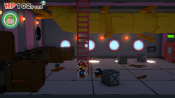 Mario standing near two crates containing a 100-Coin and a Healing Heart on The Princess Peach ship of The Origami King.