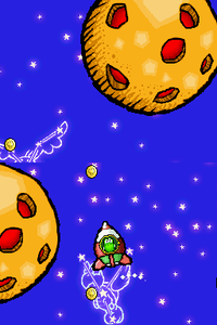 A screenshot of Green Yoshi in the Rocket, from Yoshi's Island DS.