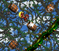 Diddy Kong and Dixie Kong in the first Bonus Level in Bramble Blast in the SNES version