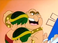 Brutius about to throw two Green Shells at Mario and Luigi