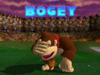 Donkey Kong reacts to getting a Bogey, in Mario Golf: Toadstool Tour.