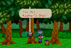 Mario receiveing Kooper's Shell from a Fuzzy in Koopa Village of Paper Mario.