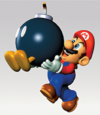 Artwork of Mario holding a Bob-omb, from Super Mario 64.