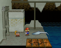Mario and Goombella observing the Blooper's tentacle in Paper Mario: The Thousand-Year Door