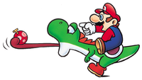 Artwork of Mario and Yoshi eating a berry, from Super Mario World.
