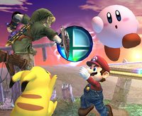 Several characters surrounding a Smash Ball, from Super Smash Bros. Brawl