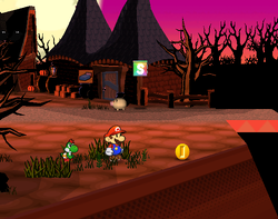 Mario getting a Coin from a bush in Twilight Town of Paper Mario: The Thousand-Year Door.