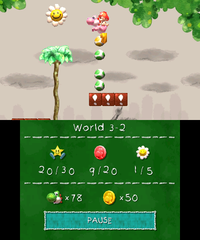 Smiley Flower 2: In a room accessed by going through a pink door on higher ground. Pink Yoshi needs to hit a ! Switch and jump up platforms in time to retrieve it at the top.