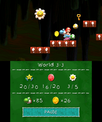 Smiley Flower 4: In a room accessed by activating a hidden Winged Cloud on top of the rightmost mushroom. Light-Blue Yoshi needs to trigger a ! Switch that causes ! Blocks to appear to retrieve the Smiley Flower.