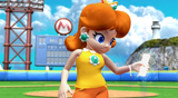 Daisy demonstrating the targeted gameplay; the Wii Remote changes into her bat seconds later.