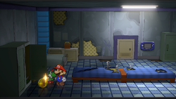 Mario getting a Coin from a locker in Glitz Pit of Paper Mario: The Thousand-Year Door for Nintendo Switch.