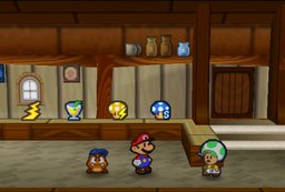 Image of Mario and Goombario in Harry's Shop in Toad Town, in Paper Mario.