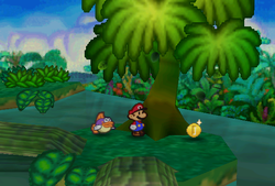 Mario finding a Coin from a tree in Jade Jungle of Paper Mario.