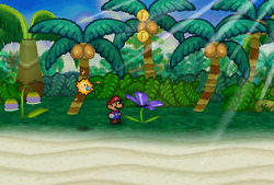 Mario finding two Coins above the second Spinning Flower on the Lavalava Island Beach of Paper Mario.