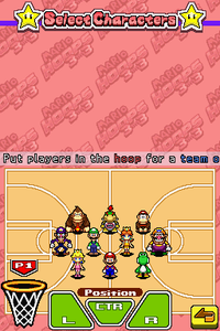 The character selection screen from Mario Hoops 3-on-3.