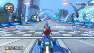 The player at the starting line of Big Blue in Mario Kart 8