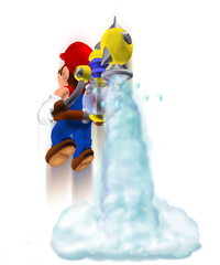 Artwork of Mario using F.L.U.D.D.'s Rocket Nozzle in Super Mario Sunshine