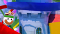 Mario, Olivia, Bowser, and a Shy Guy escaping the castle in the Koopa Clown Car