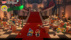 Mario in the banquet hall of Bowser's Castle of The Origami King, when it is under attack.