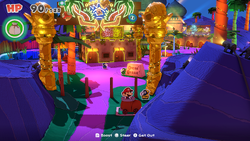 Mario at the Boot Car parking spot in Shroom City of The Origami King.