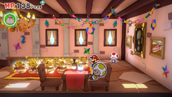 Mario being given 10 Coin Bags by the owner of the mansion in Toad Town of The Origami King.