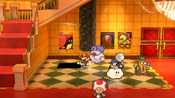 Mario getting the Star Piece under a hidden panel on the first floor in the lobby of Glitz Pit in the remake of the Paper Mario: The Thousand-Year Door for the Nintendo Switch.