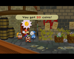 Mario getting 20 Coins from Goomther in Rogueport of Paper Mario: The Thousand-Year Door.