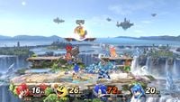 Mario vs Sonic vs Pac-Man vs Mega Man in Super Smash Bros. Ultimate, while Bellossom hangs in the distance