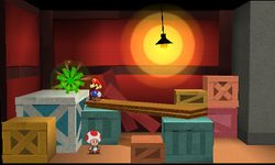 Mario near the Ship's Wheel scrap in Surfshine Harbor of Paper Mario: Sticker Star.