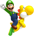 Luigi, riding on a Yellow Yoshi.