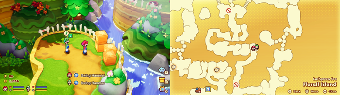 Mario and Luigi near wooden crates containing a Coin and a Five Coin on Florall Island of Mario & Luigi: Brothership.
