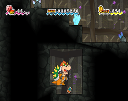 Bowser finding the Spania Caught Card in Floro Caverns of Chapter 5-3 of Super Paper Mario.