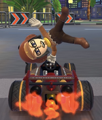 The Goomba Mii Racing Suit performing a trick.