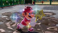 An Invincible Mario walks effortlessly through mud thanks to his Star Racket. From Mario Tennis Fever