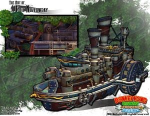 3D render of a steamboat used as basis for all nautical structures present in Lost Mangroves, the first world of Donkey Kong Country: Tropical Freeze. Next to it is a screenshot from Trunk Twister, where part of the boat can be seen in the backdrop.
