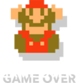 Defeat sprite of Mario from Super Mario Bros., with the caption "GAME OVER"